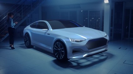 Poster - Female Automotive Engineer Uses Digital Tablet with Augmented Reality for Car Design Improvement. 3D Graphics Visualization Shows Fully Developed Vehicle Prototype With Turned On Headslights