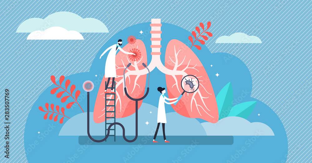 Pulmonology vector illustration. Flat tiny lungs healthcare persons concept - obrazy, fototapety, plakaty 