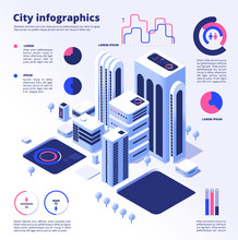City Smart Infographic. Urban Digital Innovation Future Office Futuristic Architecture Skyscraper Smart Cities Vector Business Concept. Future Smart Building, Architecture Digital Illustration