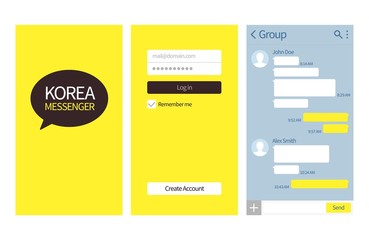 Poster - korean messenger. kakao talk interface with chat boxes, login and create account page vector templat