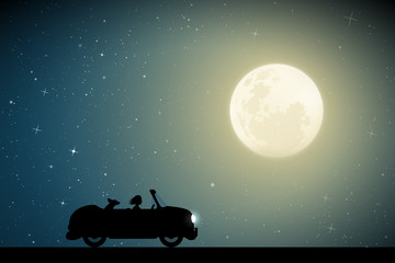 Sticker - Cartoon retro car on road on moonlit night. Vector illustration with silhouettes of woman and dog traveling in camper. Family road trip. Full moon in starry sky