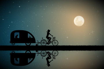 Sticker - Girl on bicycle on road on moonlit night. Vector illustration with silhouettes of cyclist and pet traveling with camper trailer. Family road trip. Full moon in starry sky