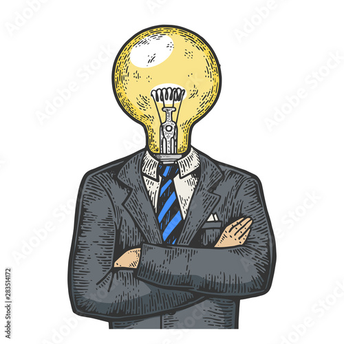 Fotografía Businessman with lamp bulb instead head color sketch engraving vector illustration