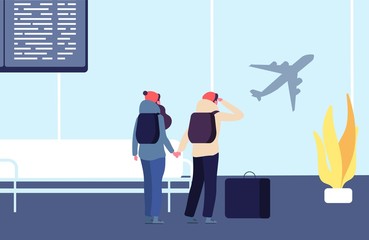 Poster - Be late for flight. Passengers and flying away plane vector illustration. People late to flight, passenger traveler with luggage