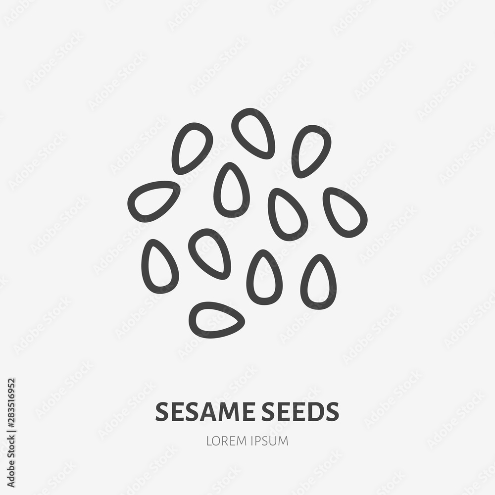 Sesame seeds flat line icon. Vector thin sign of nut, healthy food outline illustration - obrazy, fototapety, plakaty 