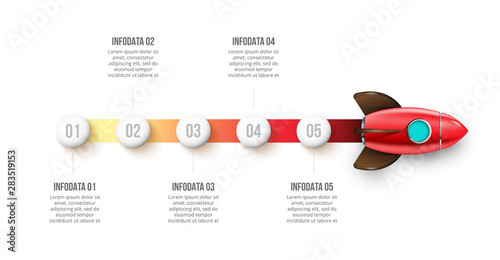 Fotomural Vector rocket infographic with 5 options. Startup illustration