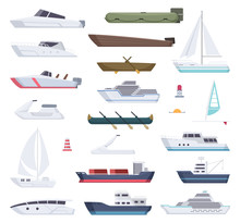 Boats. Water Sea Or Ocean Vessel Small And Big Ships And Sailor Boats Vector Cartoon Transport. Steamboat And Kayak, Yacht Travel, Transportation Speedboat Illustration
