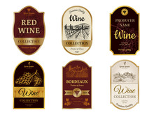 Wine Vintage Labels. Alcohol Wine Champagne Drinks Badges Luxury Style With Pictures Of Vineyard Silhouettes And Grapes Vector Pictures. Illustration Of Alcohol Drink Wine, Vineyard Label For Beverage