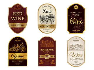 wine vintage labels. alcohol wine champagne drinks badges luxury style with pictures of vineyard sil