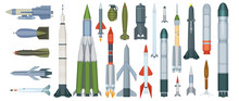 Army weapons. Propeller engine military missile dangerous ballistic weapons vector cartoon collection. Weapon power, warhead rocket, explosive atomic bomb illustration