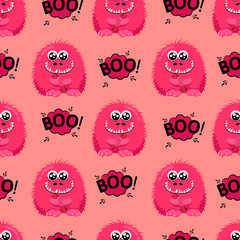 Wall Mural - Abstract seamless halloween pattern for girls or boys. Creative vector background with a fluffy cute monster, halloween. Funny monster for textile and fabric.Fashion halloween style.Colorful bright