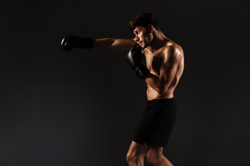 Poster - Handsome young strong sportsman boxer in gloves make exercises boxing isolated over black wall background.