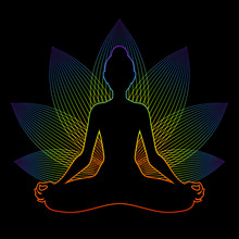 Meditating Woman With Rainbow Aura In Lotus Pose. Yoga Illustration.