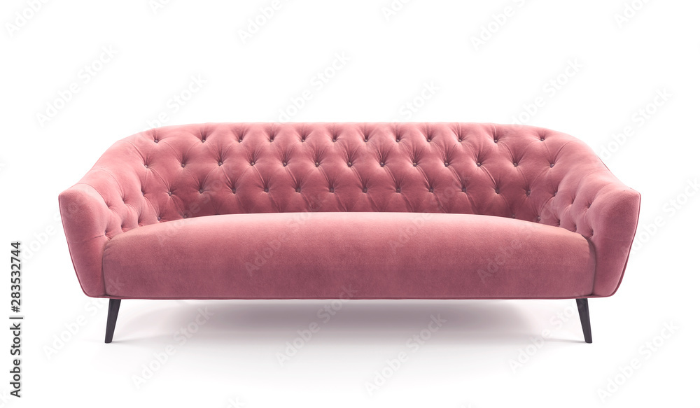 Modern fashionable stylish pink sofa with carriage stitch, buttons, with legs on isolated white background. Furniture, interior object, stylish sofa. Romantic female sofa - obrazy, fototapety, plakaty 