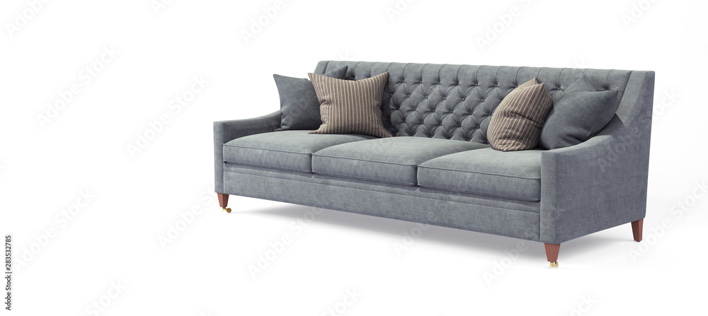 Modern scandinavian classic gray sofa with legs with pillows on isolated white background. Furniture, interior object, stylish sofa - obrazy, fototapety, plakaty 