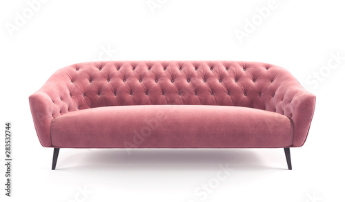 Photographie Modern fashionable stylish pink sofa with carriage stitch, buttons, with legs on isolated white background