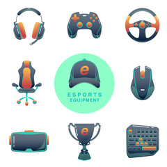 Wall Mural - Color Esports icons set. Game tournament. Vector gaming devices on isolated background. Infographic cybersport illustration.