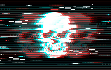 Illustration of skull in glitch art style. Design element for event advertising, branding, shares, promotion. Vector illustration.
