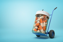 3d Rendering Of A Plastic Jar With Medical Pills On A Hand Truck On Blue Background