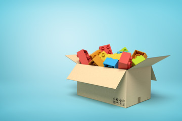 Fototapete - 3d rendering of cardboard box full of colorful toy bricks on light-blue background with copy space.