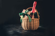 Christmas gift hamper with champagne and gift on black. Space for your greetings. greeting card