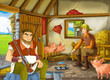 © honeyflavour - Cartoon scene with two farmers ranchers or disguised prince and older farmer or hunter in the barn pigsty illustration for children