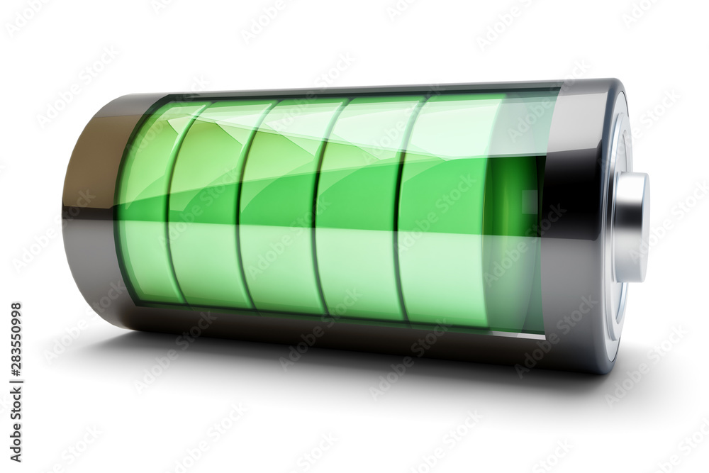 Power source charging concept, accumulator battery with green charging level indicator isolated on white - obrazy, fototapety, plakaty 