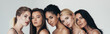 © LIGHTFIELD STUDIOS - panoramic shot of five multiethnic girls looking at camera isolated on grey