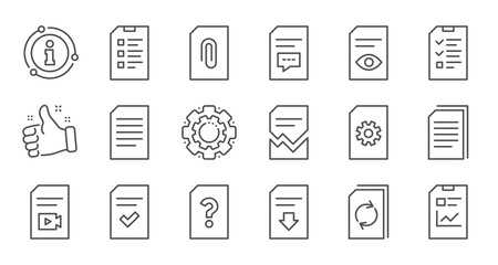 Poster - document line icons. report, checklist and download file. read message linear icon set. quality line