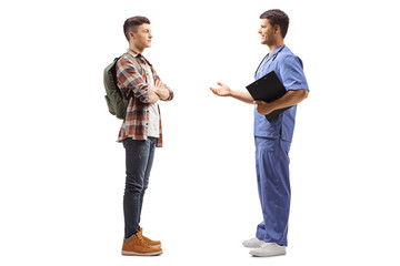 Poster - Male doctor in a blue uniform talking to a male student