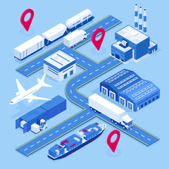 Wall Mural - Isometric global logistics network. Air cargo, rail transportation, maritime shipping, warehouse, container ship. On-time delivery. Vehicles designed to carry large numbers cargo