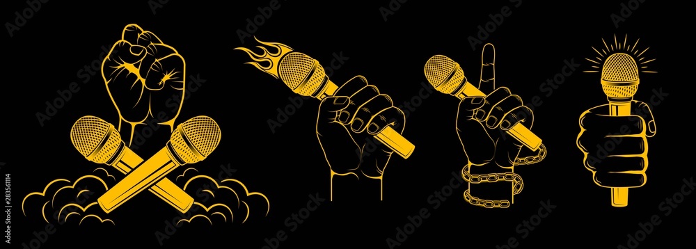 Vector logo. Set, collection. Hands holding a microphone. Design element for printing. - obrazy, fototapety, plakaty 