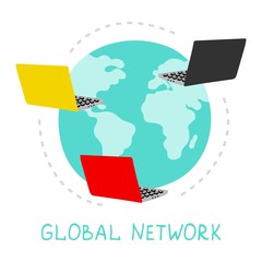 Leinwandbilder - Global network illustration. Vector internet connection concept. Planet and laptops. Communication planet internet, globalization international networking