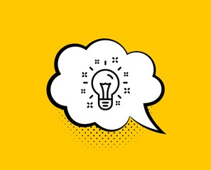 Aufkleber - Idea line icon. Comic speech bubble. Light bulb or Lamp sign. Creativity, Solution or Thinking symbol. Yellow background with chat bubble. Idea icon. Colorful banner. Vector