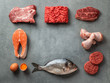 Carnivore or keto diet concept. Raw ingredients for zero carb or low carb diet - meat, poultry, fish, eggs and copy space in center on gray stone background. Top view or flat lay.