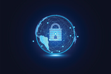 Poster - Abstract technology world cyber security privacy information network concept padlock protection digital network internet link on hi tech blue future background