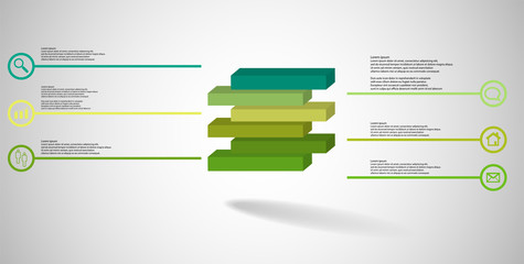 3D illustration infographic template with embossed cube divided to six shifted parts
