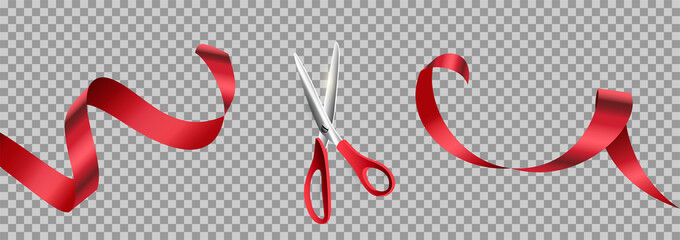 Red scissors cut ribbon realistic illustration