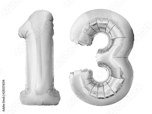 Cuadros en Lienzo Number 13 thirteen made of silver inflatable balloons isolated on white background