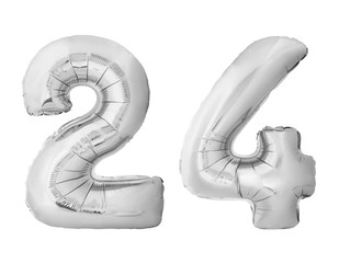 Number 24 twenty four made of silver inflatable balloons isolated on white background. Silver chrome helium balloons forming 24 twenty four number