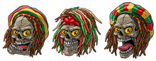 Cartoon Detailed Realistic Colorful Scary Human Jamaican Rasta Skulls With Dreadlocks And Cap. Isolated On White Background. Vector Icon Set.
