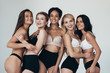 © LIGHTFIELD STUDIOS - five sexy multiethnic girls in lingerie embracing and smiling isolated on grey