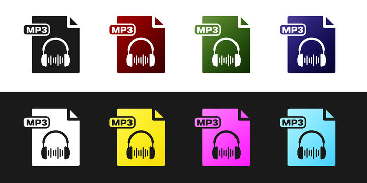Set MP3 file document. Download mp3 button icon isolated on black and white background. Mp3 music format sign. MP3 file symbol. Vector Illustration