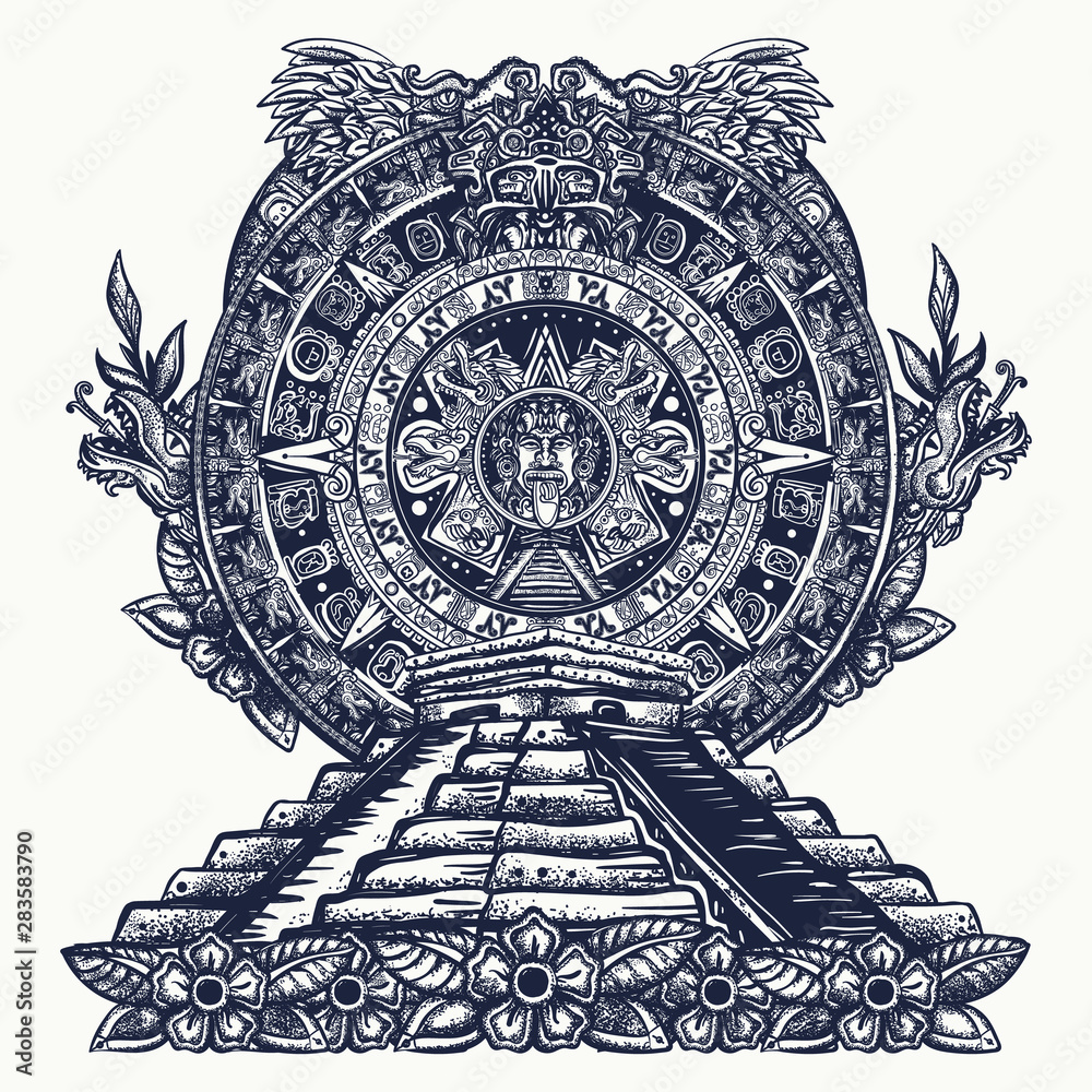 Aztec sun stone and pyramids Chichen Itzá and Kukulkan god (Feathered ...