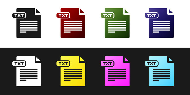 Set TXT file document. Download txt button icon isolated on black and white background. Text file extension symbol. Vector Illustration