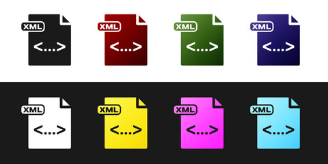 Set XML file document. Download xml button icon isolated on black and white background. XML file symbol. Vector Illustration