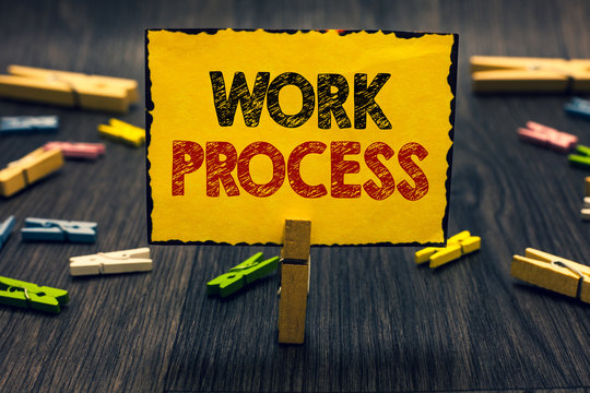 Word writing text Work Process. Business concept for Standard procedures how to handle a particular job rules system Blacky wooden desk laid paper clip randomly one hold yellow board with text