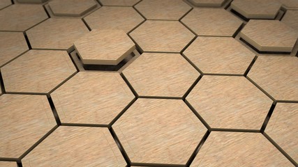 Poster - 3D illustration of many wooden hexagons, honeycombs are located in different positions. Background abstract image for the desktop, geometric composition of wooden products. 3D rendering