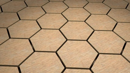 Poster - 3D illustration of many wooden hexagons, honeycombs are located in different positions. Background abstract image for the desktop, geometric composition of wooden products. 3D rendering