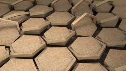 Poster - 3D illustration of a set of wooden hexagons, unfolded along the axis. Background abstract image for desktop, Wallpaper, geometric composition of the same wooden products. 3D rendering